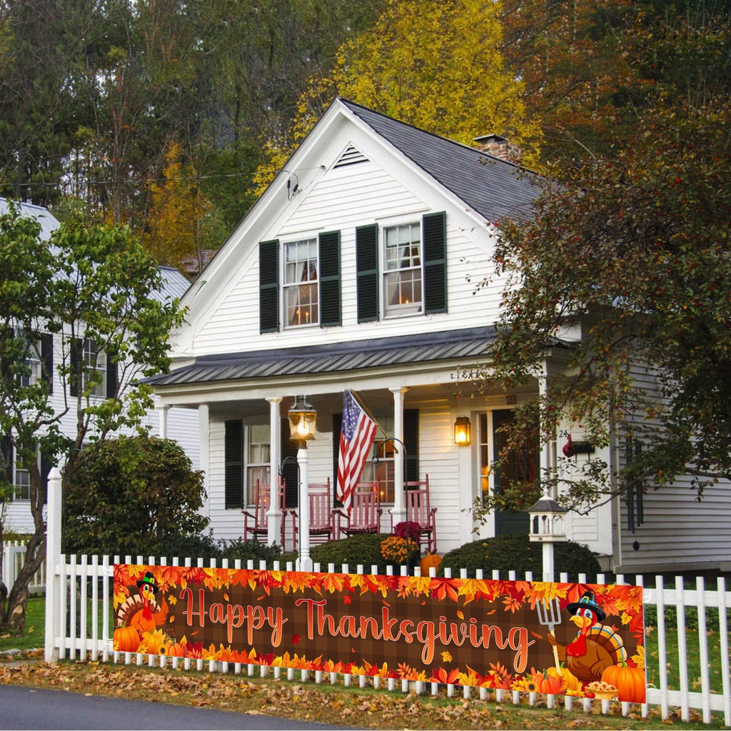 Large Happy Thanksgiving Banner, Turkey Maple Leaf Pumpkin Thanksgiving Fence Yard Lawn Banner Outdoor Decorations Party Supplies