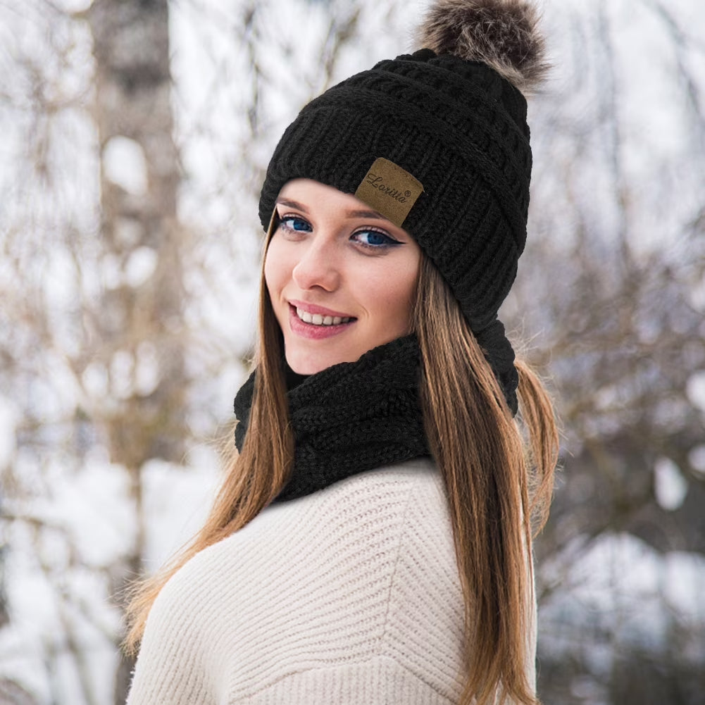 3 Pcs Women Winter Hat and Gloves Sets, Beanies Knit Classic Neck Warmer and Touchscreen Gloves Black