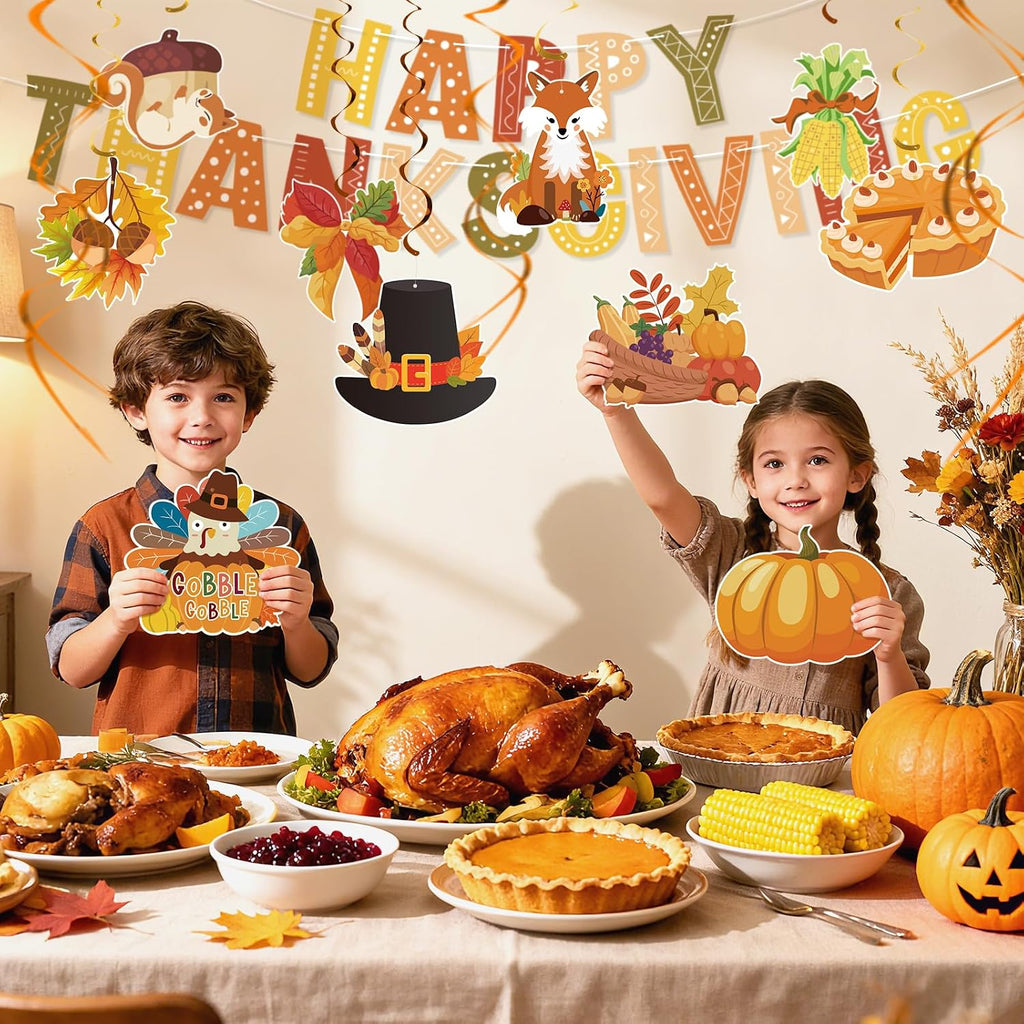 Thanksgiving Decor Set: Thanksgiving Banner & Hanging Swirls - for Home, Office, Classroom Indoor Fall Party Decorations