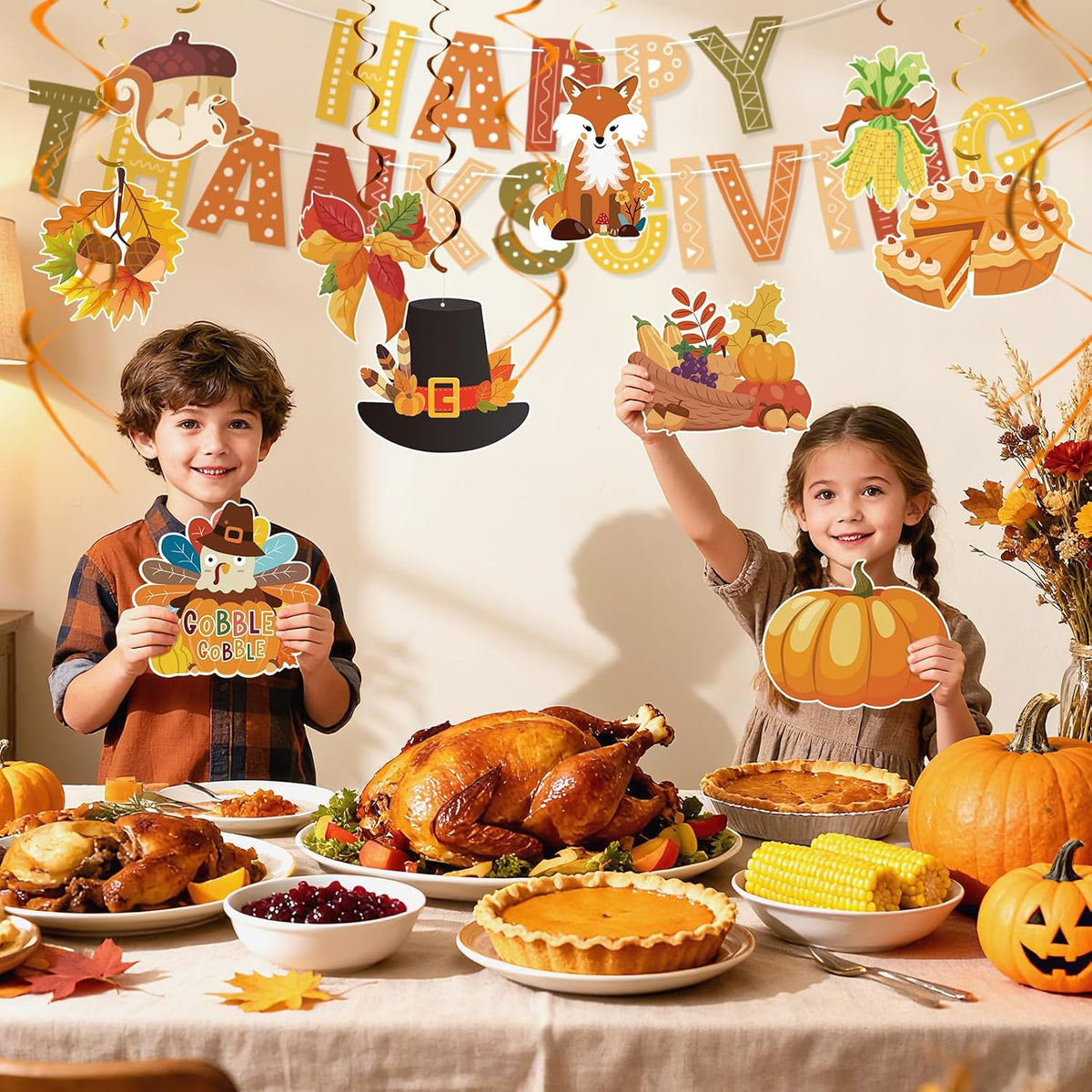 Thanksgiving Decor Set: Thanksgiving Banner & Hanging Swirls - for Home, Office, Classroom Indoor Fall Party Decorations