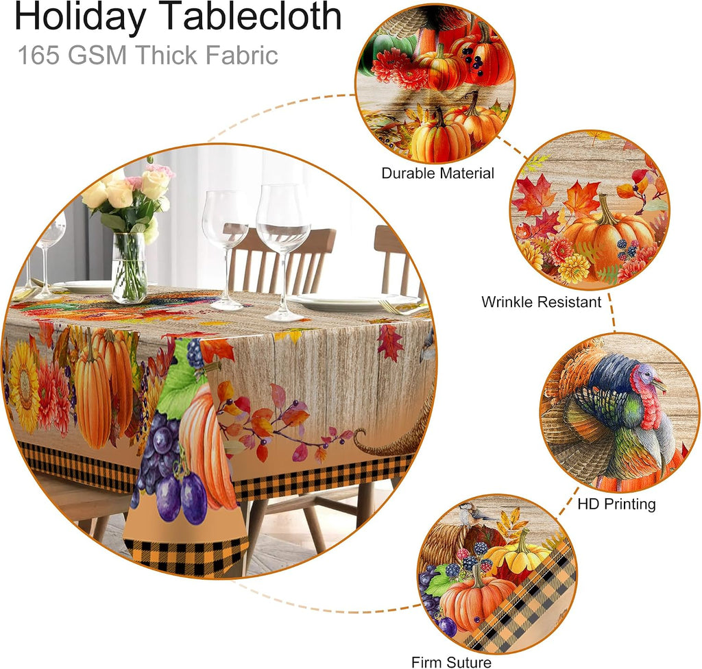 Thanksgiving Tablecloth, Thanksgiving Turkey Table Cloth Rectangle 60 X 120, Pumpkins with Fall Leaves Tablecloths Rustic Holiday Table Cover Thanksgiving Decorations for Dining Room Kitchen Outdoor