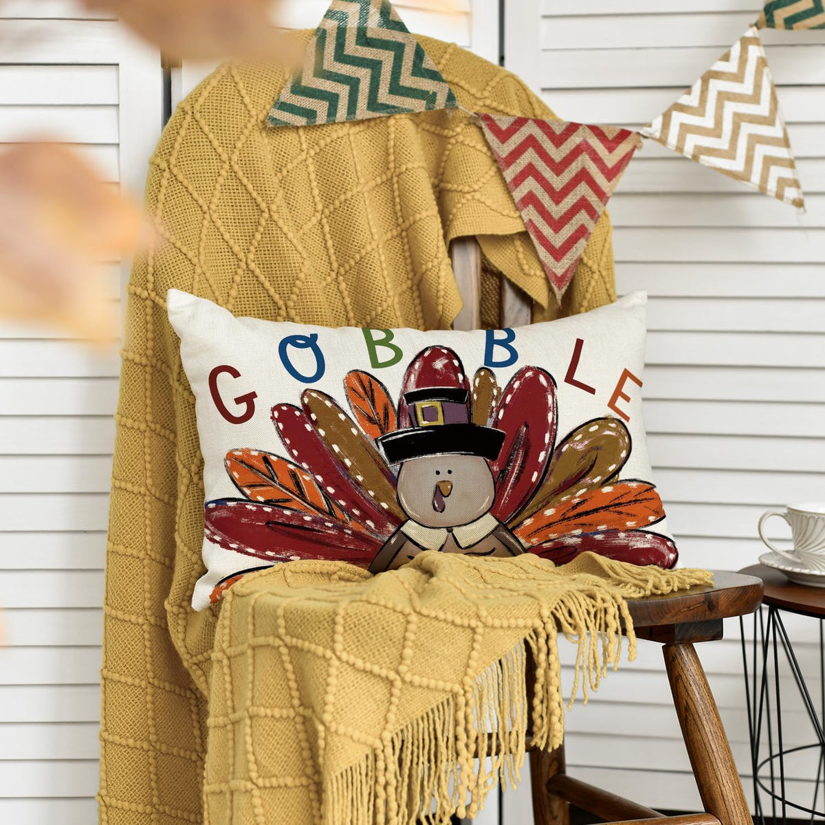 Gobble Turkey Thanksgiving Throw Pillow Cover, 12 X 20 Inch Thanksgiving Cushion Case for Sofa Couch