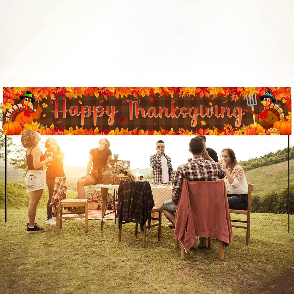 Large Happy Thanksgiving Banner, Turkey Maple Leaf Pumpkin Thanksgiving Fence Yard Lawn Banner Outdoor Decorations Party Supplies