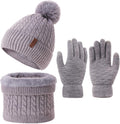3Pcs Winter Women Beanie Hat Scarf and Touch Screen Gloves Sets Girls Classic Knit Warm Chunky Fleece Lined Cable Cap