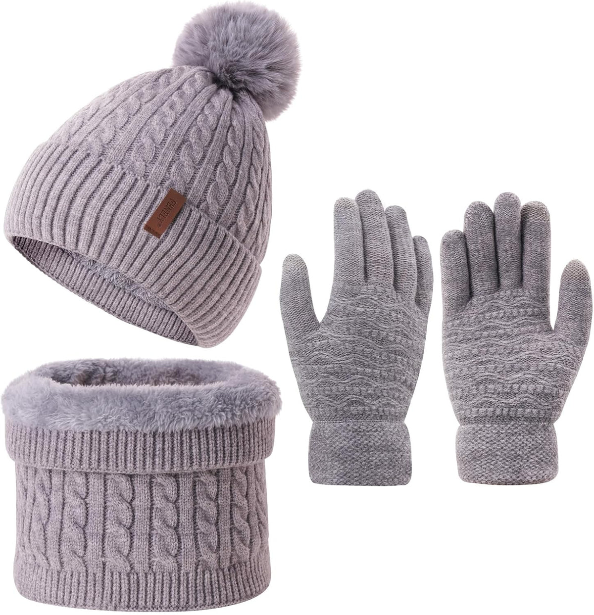 3Pcs Winter Women Beanie Hat Scarf and Touch Screen Gloves Sets Girls Classic Knit Warm Chunky Fleece Lined Cable Cap