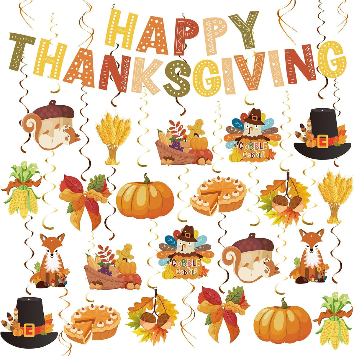 Thanksgiving Decor Set: Thanksgiving Banner & Hanging Swirls - for Home, Office, Classroom Indoor Fall Party Decorations