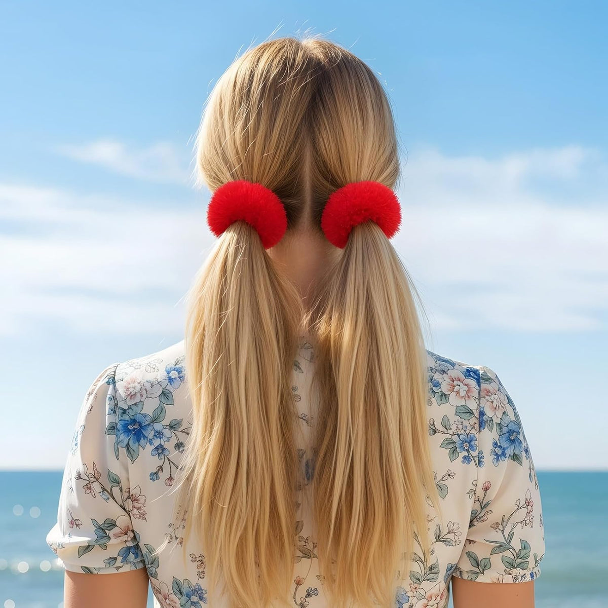 2Pcs Red Pompom Hair Tie, Furry Faux Rabbit Fur Fuzzy Scrunchies, Red Fuzzy Hair Ties Baby Hairs Ties Ponytail Holders Pom for Girl Women Christmas