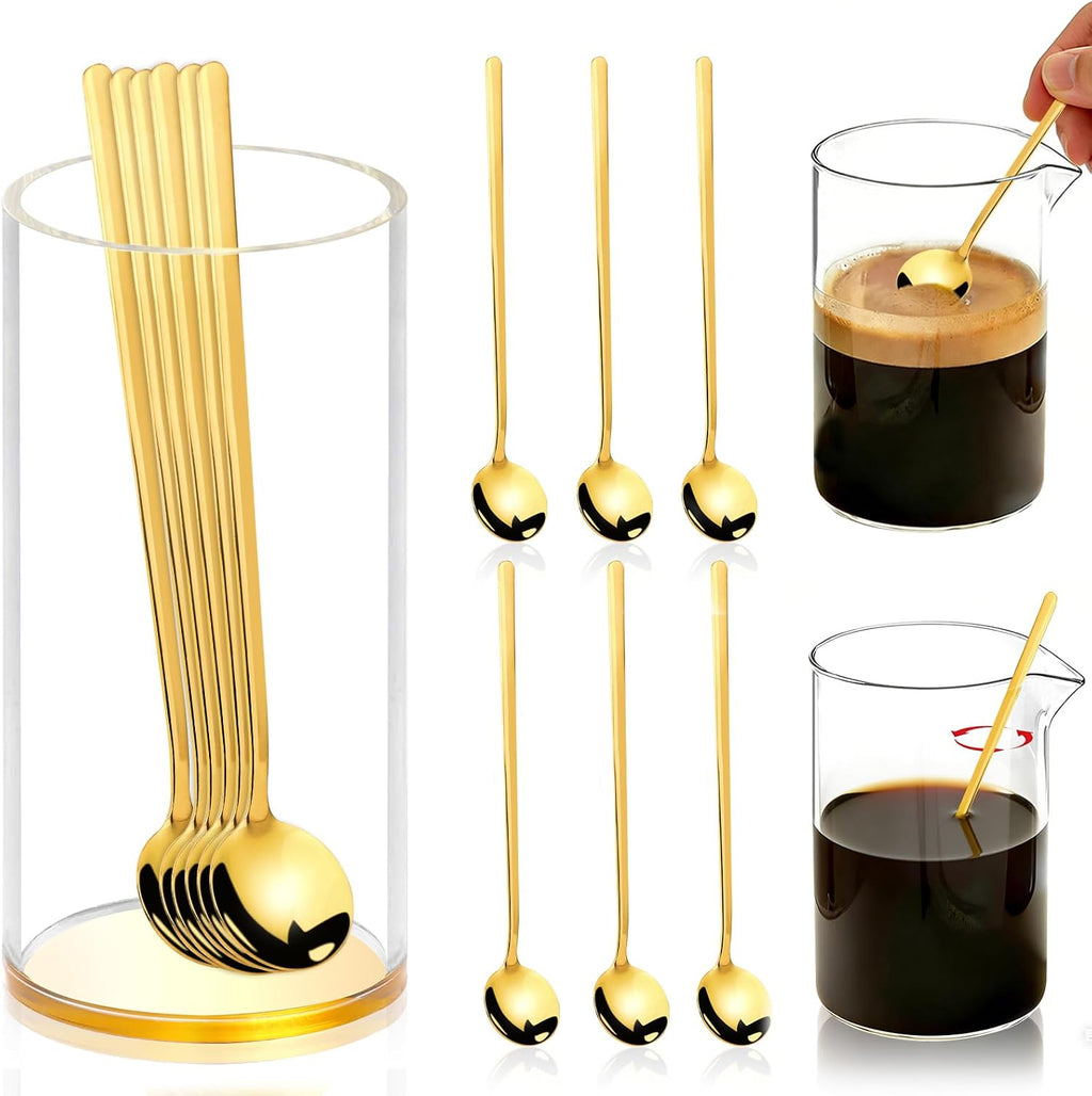 6 Pcs 6.7 Inches Coffee Spoons with Gold Base Holder Tea Spoons Long Handle Espresso Spoons Gold Coffee Stir Spoons Set Ice Tea Spoons Bulk Dessert Spoons Stainless Steel for Coffee Bar Tea Party