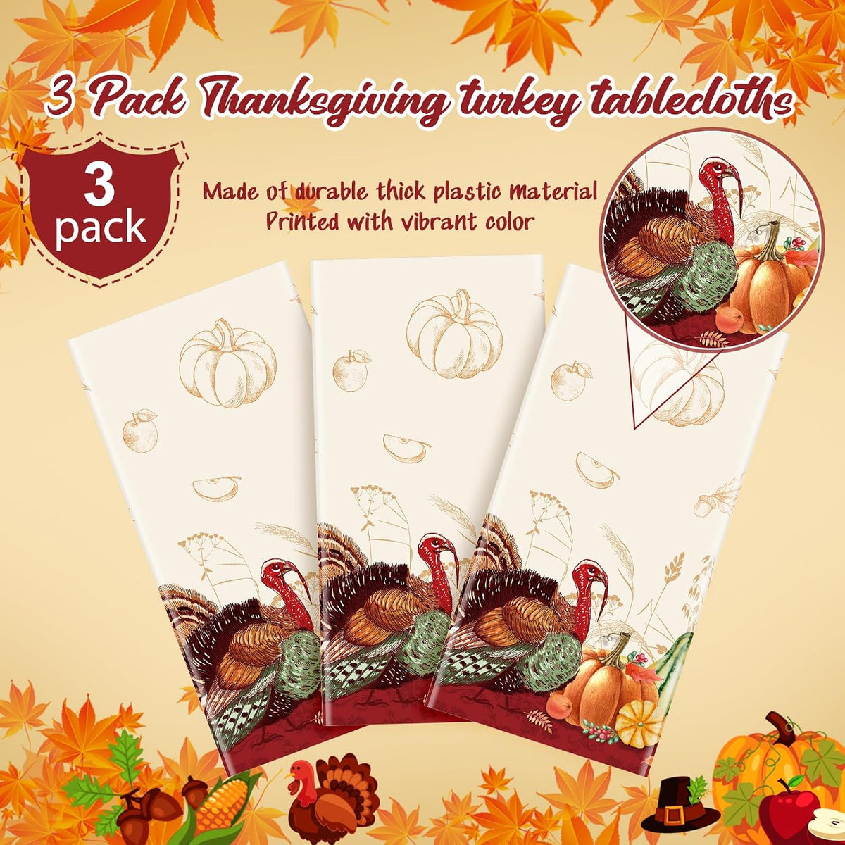 3 Pack Thanksgiving Disposable Tablecloth for Rectangle Tables, Plastic Thanksgiving Turkey Tablecloth Party Supplies, Pumpkin Table Cover for Fall Thanksgiving Harvest Party Decorations, 54X108 Inch