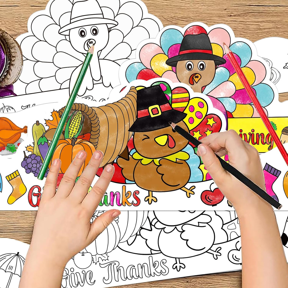Thanksgiving Coloring Turkey Crowns Hats 24PCS Fall Thanksgiving Turkey Headbands Crafts for Kids