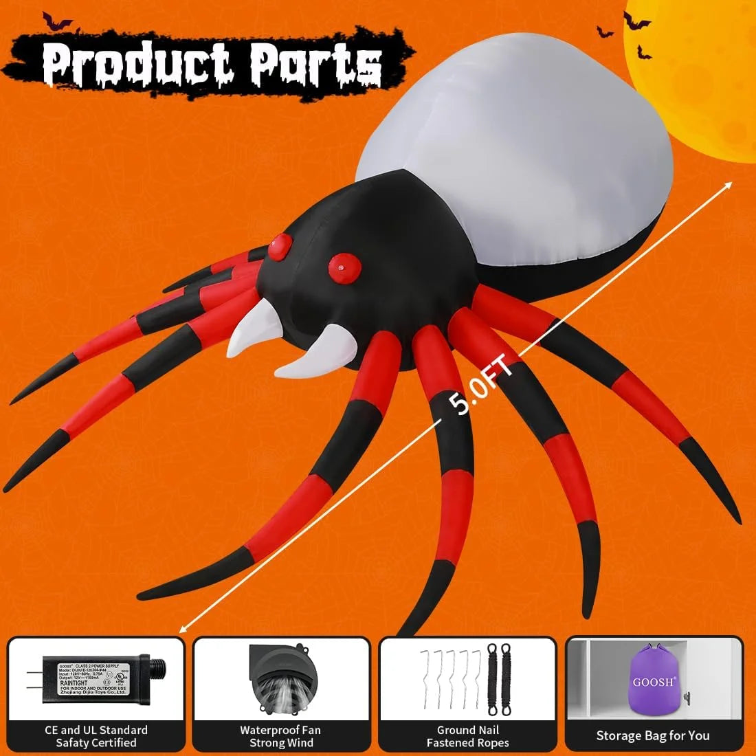 Halloween Inflatable 5 FT Halloween Spider Inflatable, Halloween Blow up Spider Halloween Spider Decoration with LED Lights Built-In, Outdoor Halloween Decorations Clearance for Halloween