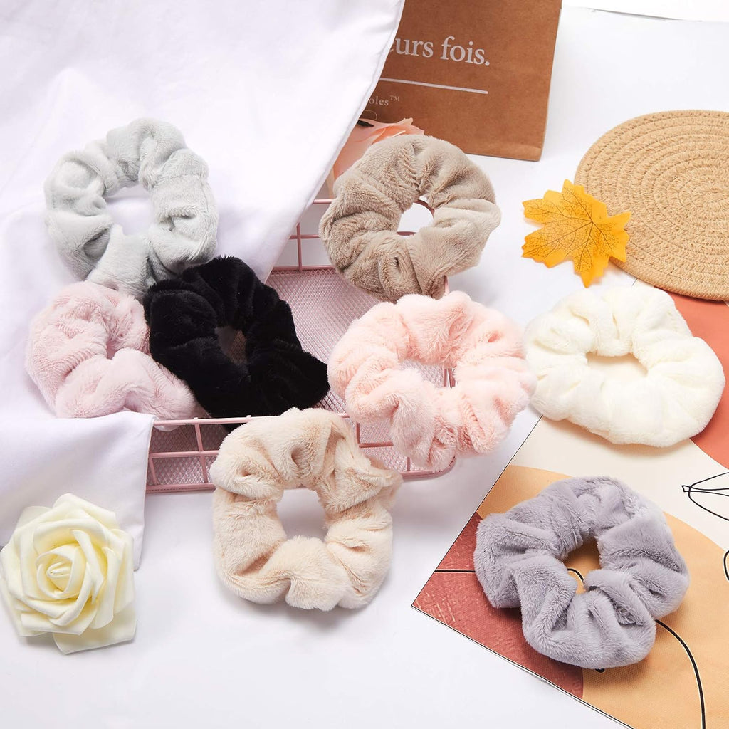 8 Pieces Towel Fluffy Scrunchies Soft Thick Fuzzy Scrunchy Ponytail Holder Hair Ties for Wet and Dry Hair
