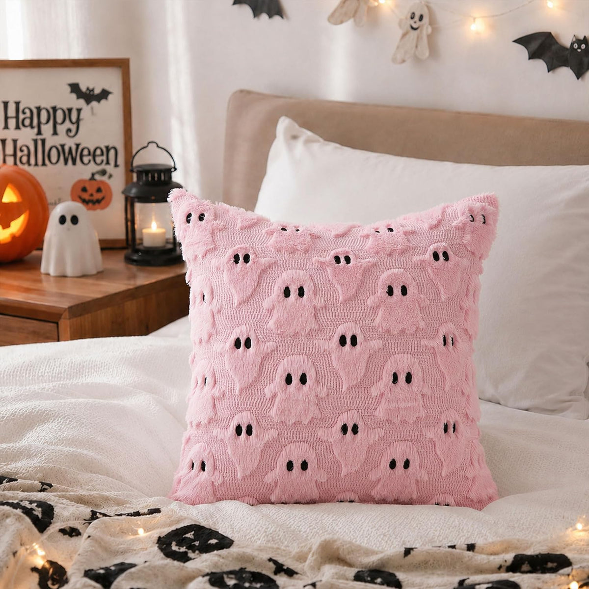 Halloween Pillow Covers 18X18 Inch 2Pcs Pink Ghost Halloween Decor