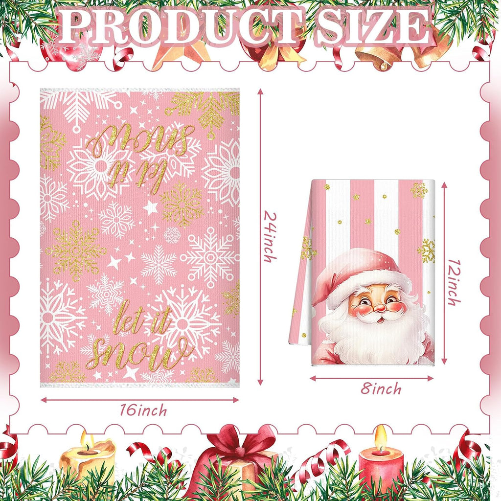 6 Pcs Pink Christmas Kitchen Towels Winter Snowman Santa Dish Towel