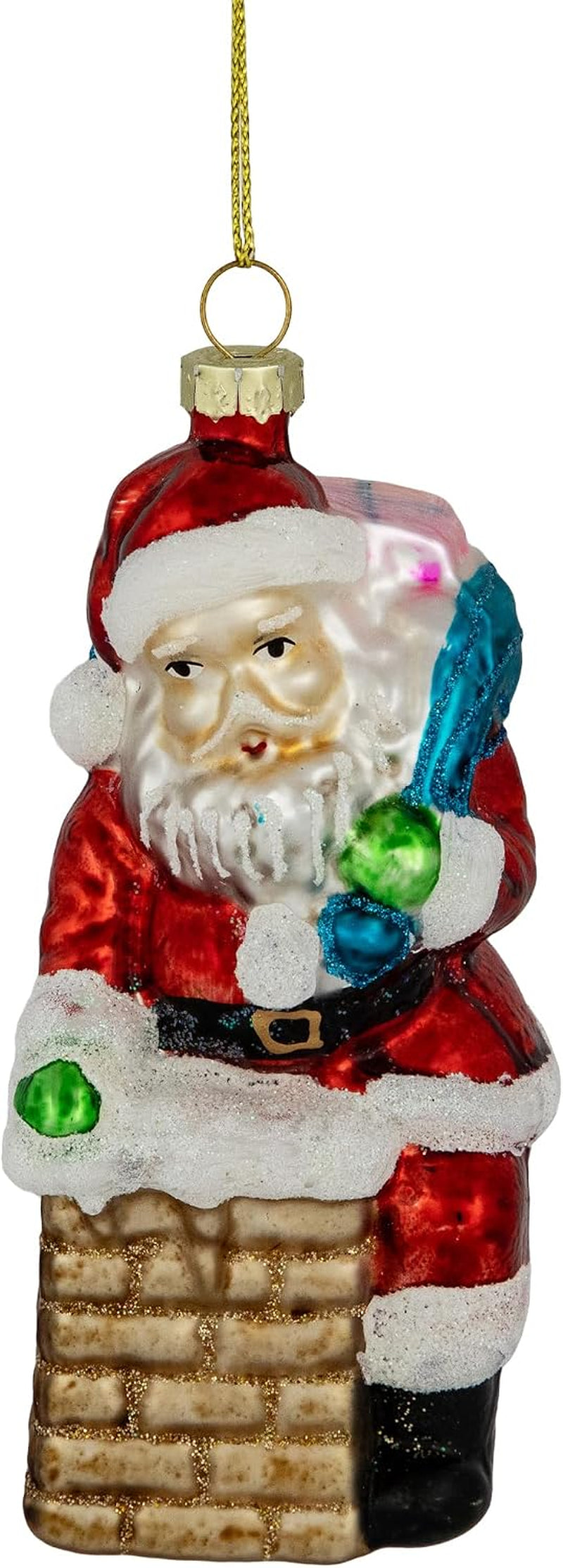 Santa Down the Chimney Glass Ornament, 5"