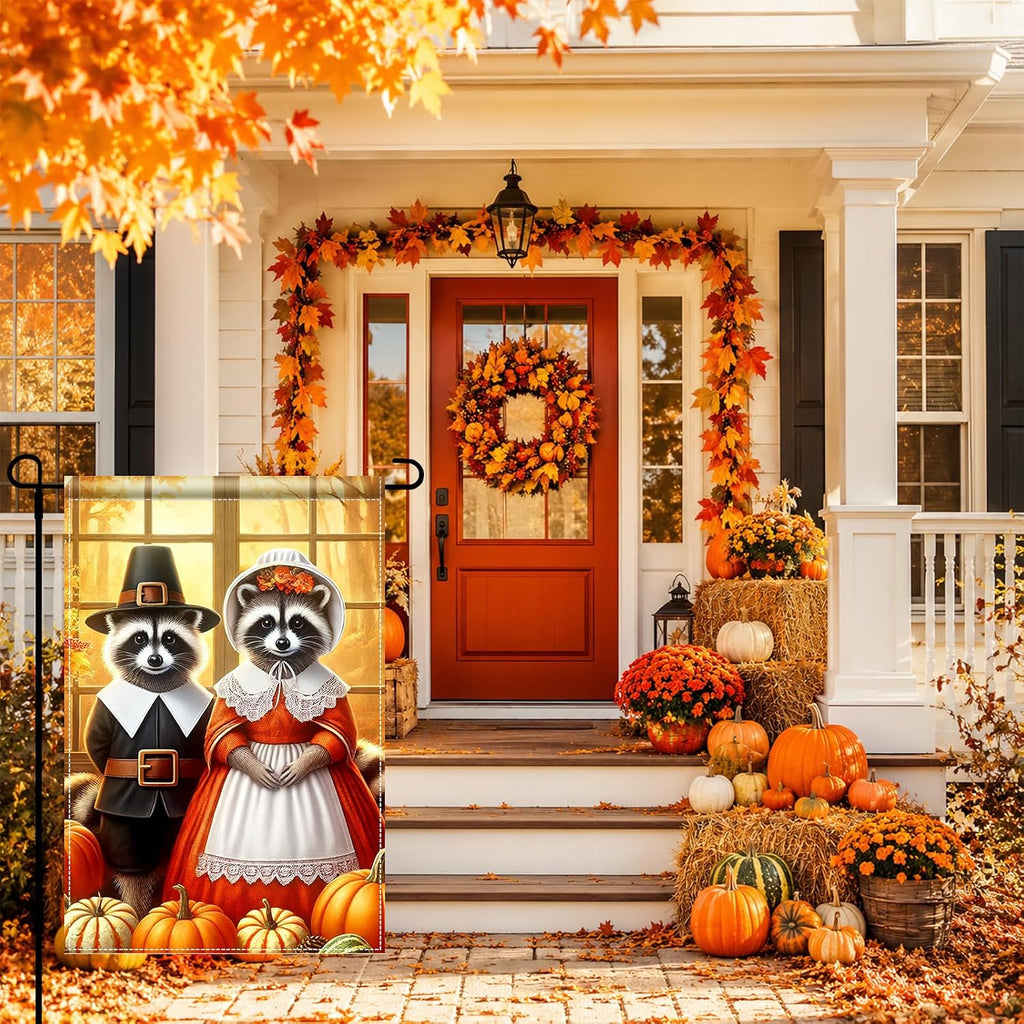 Thanksgiving Fall Garden Flag Raccoon Pumpkin 12X18 Inch Decor