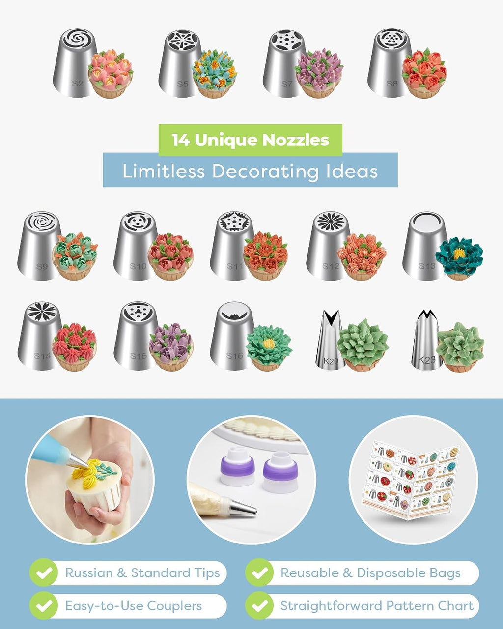48 Russian Piping Tips Set Frosting Piping Kit for Beginners & Pros