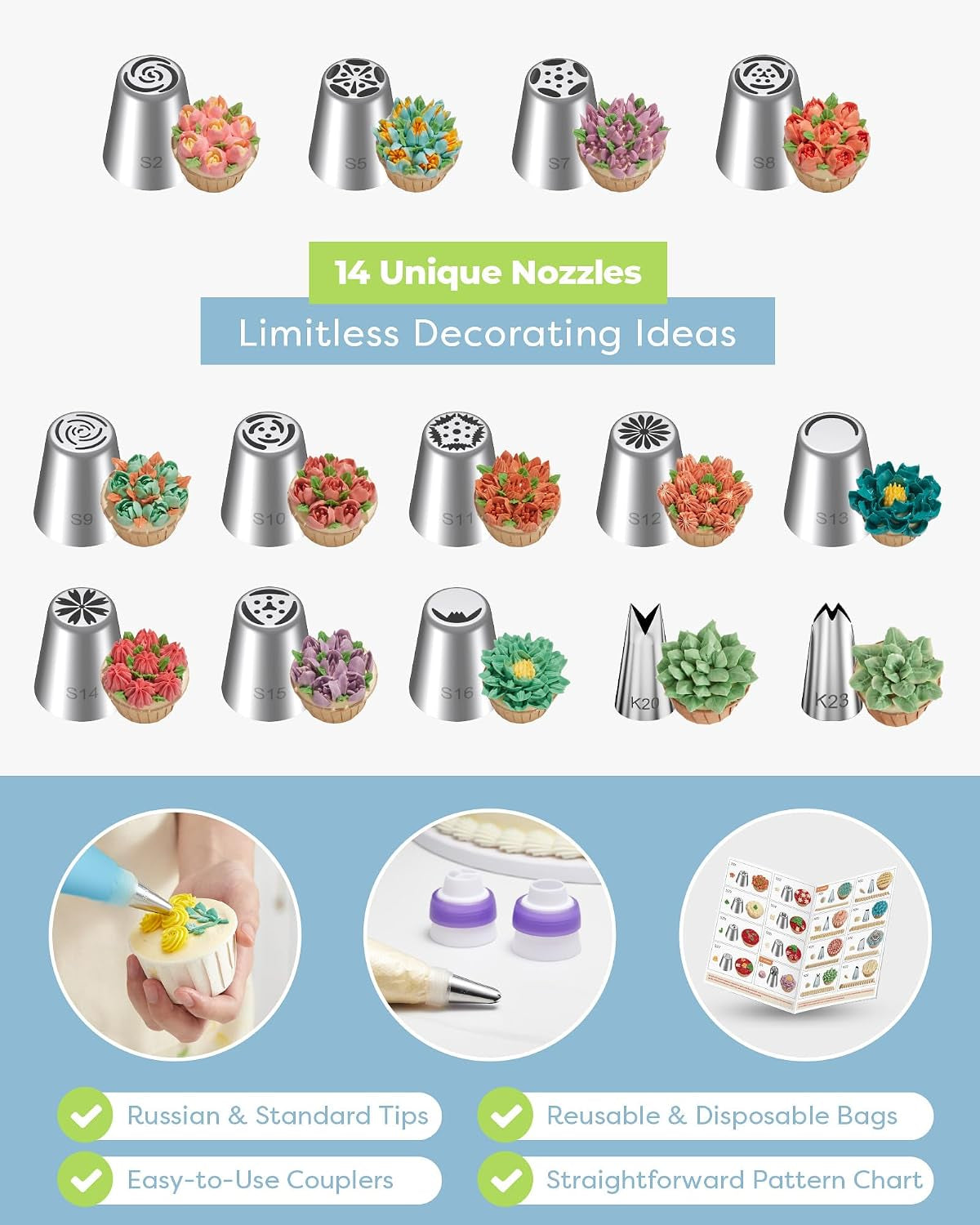 48 Russian Piping Tips Set Frosting Piping Kit for Beginners & Pros