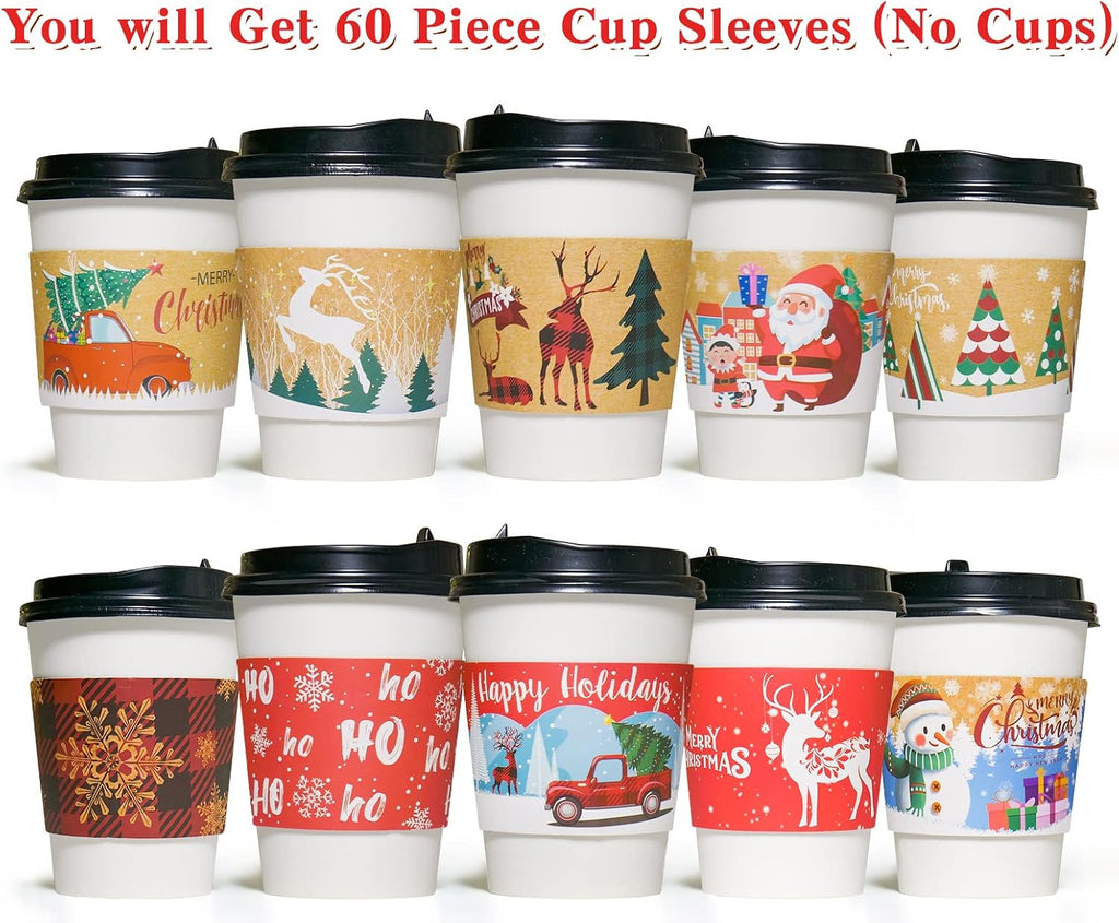 Christmas Coffee Cup Sleeves Disposable Hot Chocolate Cocoa Paper Cup Sleeve 60 Pack Double-Layer Corrugated Insulated Paper Jacket for 12Oz to 20Oz, 10 Designs