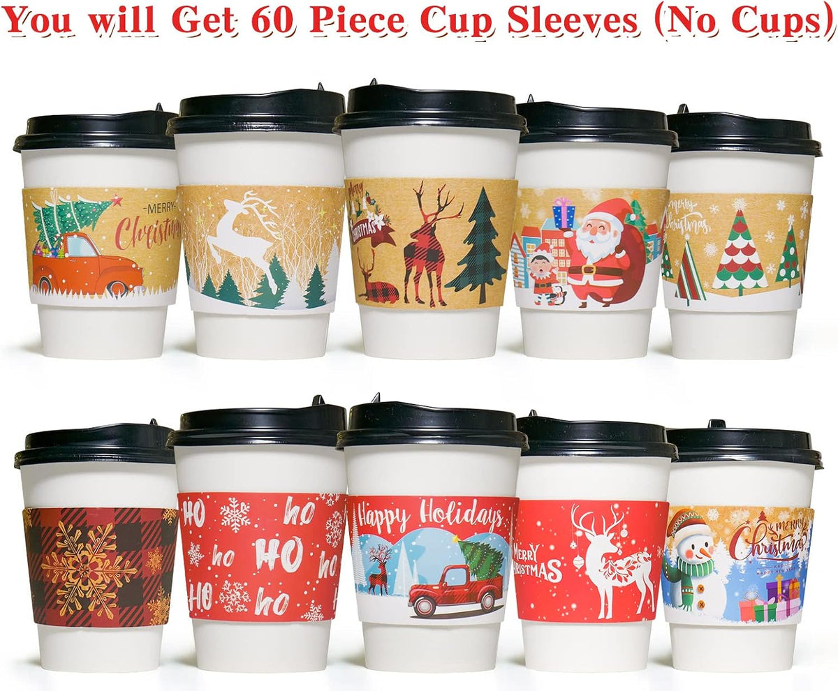 Christmas Coffee Cup Sleeves Disposable Hot Chocolate Cocoa Paper Cup Sleeve 60 Pack Double-Layer Corrugated Insulated Paper Jacket for 12Oz to 20Oz, 10 Designs