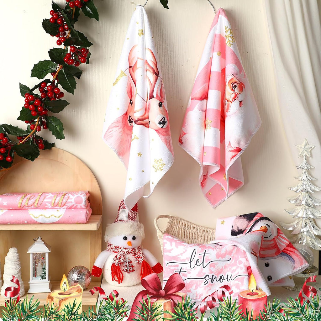 6 Pcs Pink Christmas Kitchen Towels Winter Snowman Santa Dish Towel