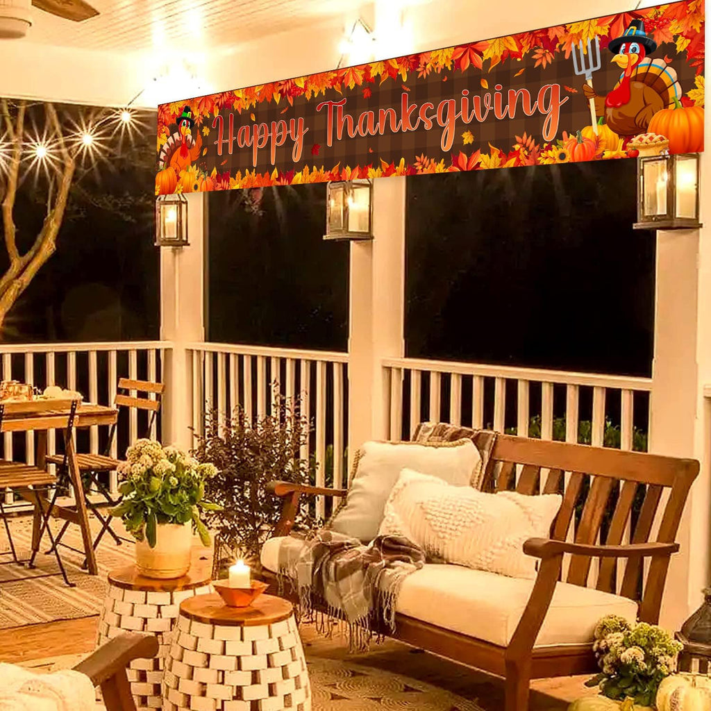 Large Happy Thanksgiving Banner, Turkey Maple Leaf Pumpkin Thanksgiving Fence Yard Lawn Banner Outdoor Decorations Party Supplies