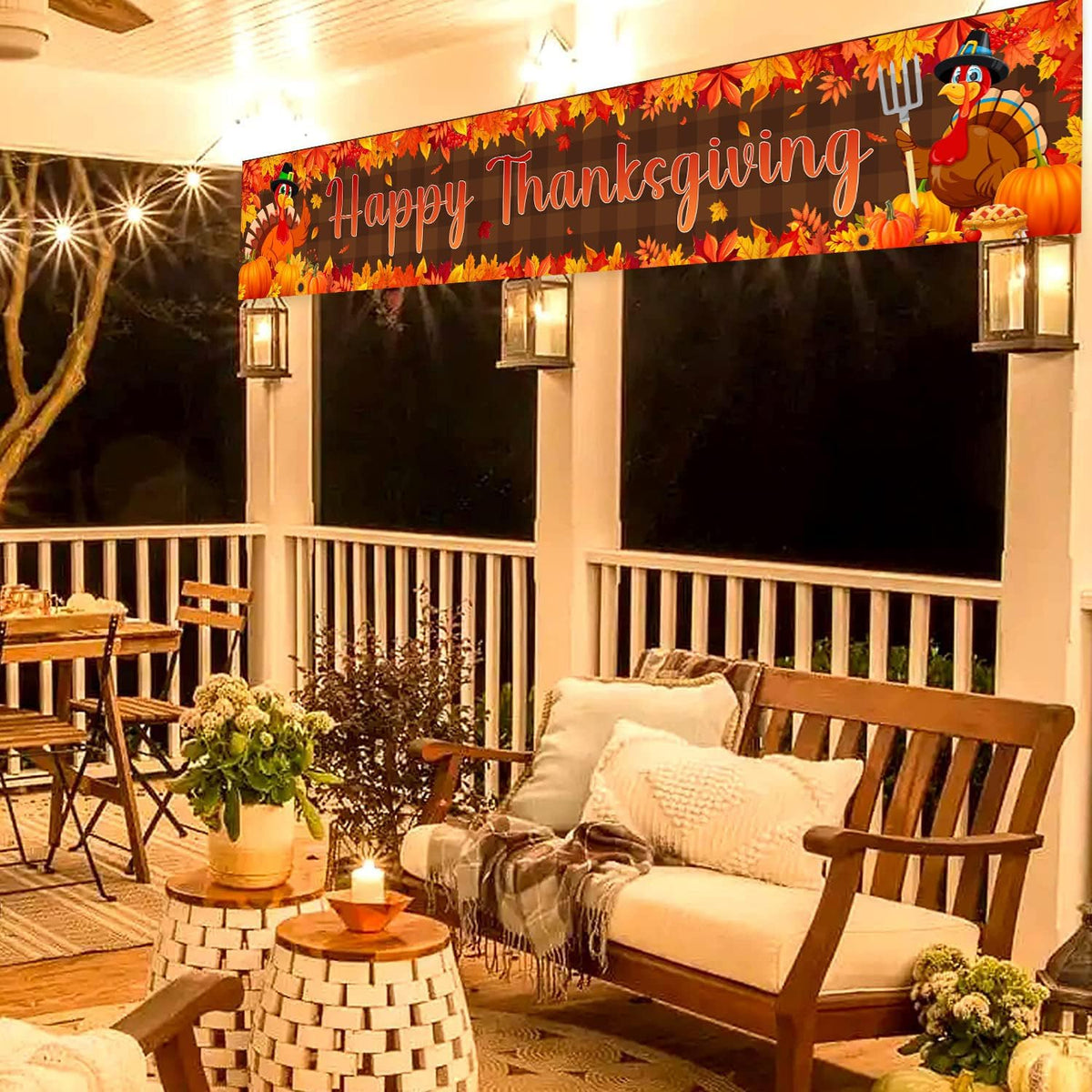 Large Happy Thanksgiving Banner, Turkey Maple Leaf Pumpkin Thanksgiving Fence Yard Lawn Banner Outdoor Decorations Party Supplies