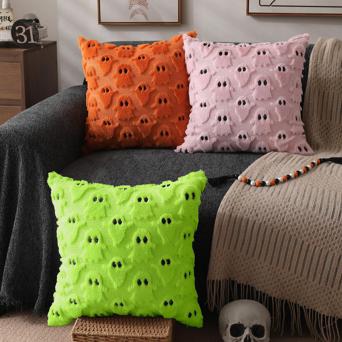 Halloween Pillow Covers 16X16 Inch 2Pcs Green Ghost Halloween Decor