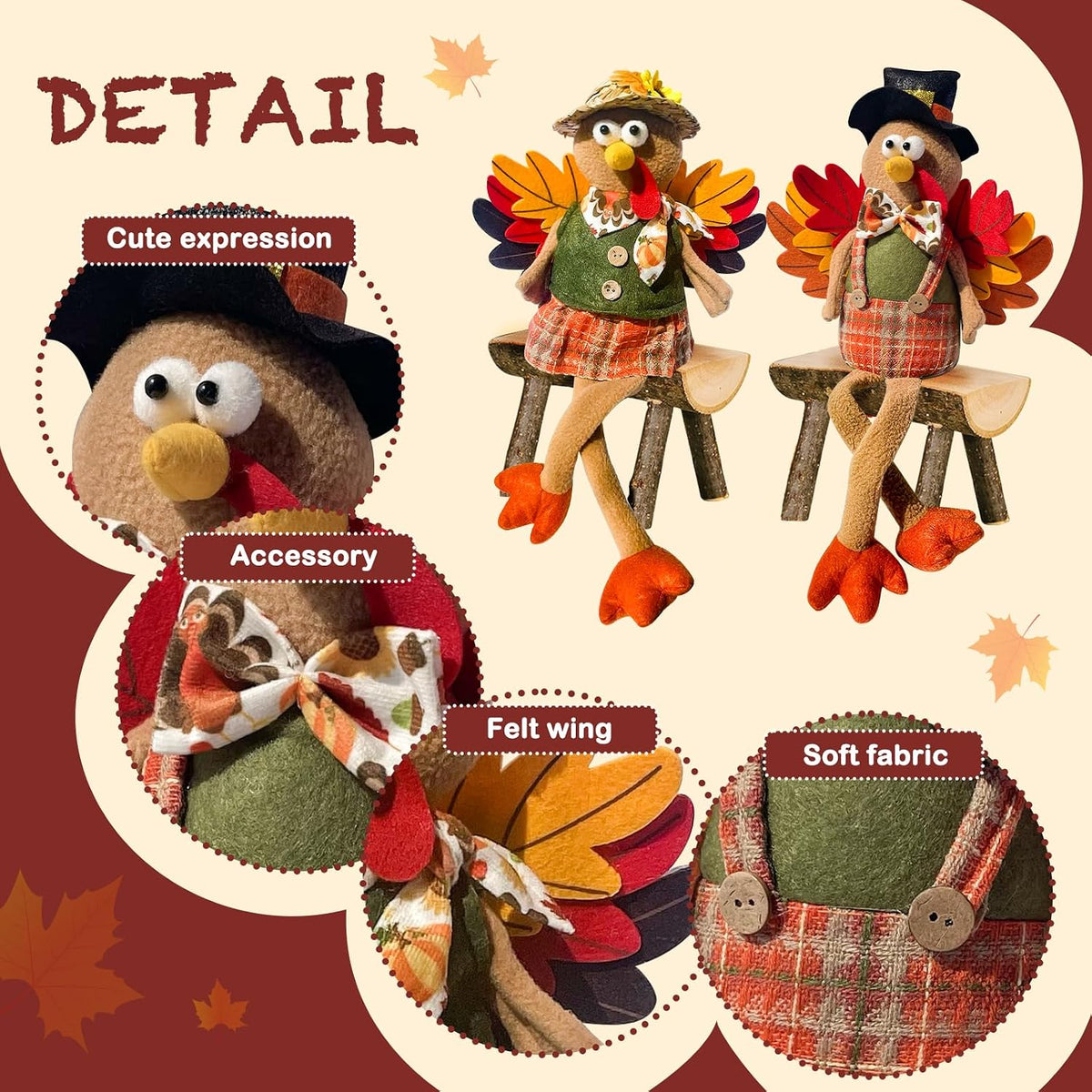 Stuffed Turkey Thanksgiving Table Decor Turkey Couple Doll Thanksgiving Decorations Outdoor Handmade Tabletop Fall Decor Kit for Home