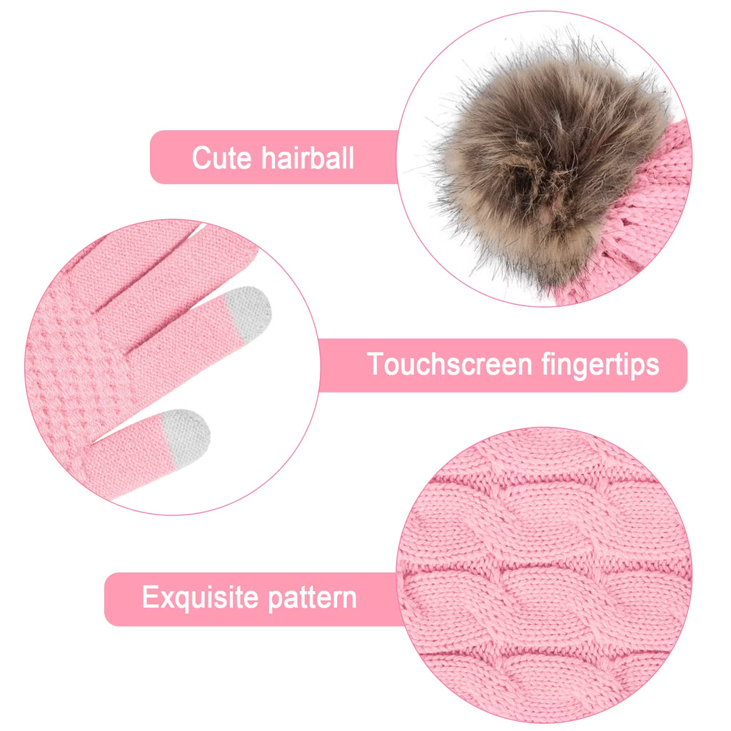 3 Pcs Women Winter Hat and Gloves Sets, Beanies Knit Classic Neck Warmer and Touchscreen Gloves Pink