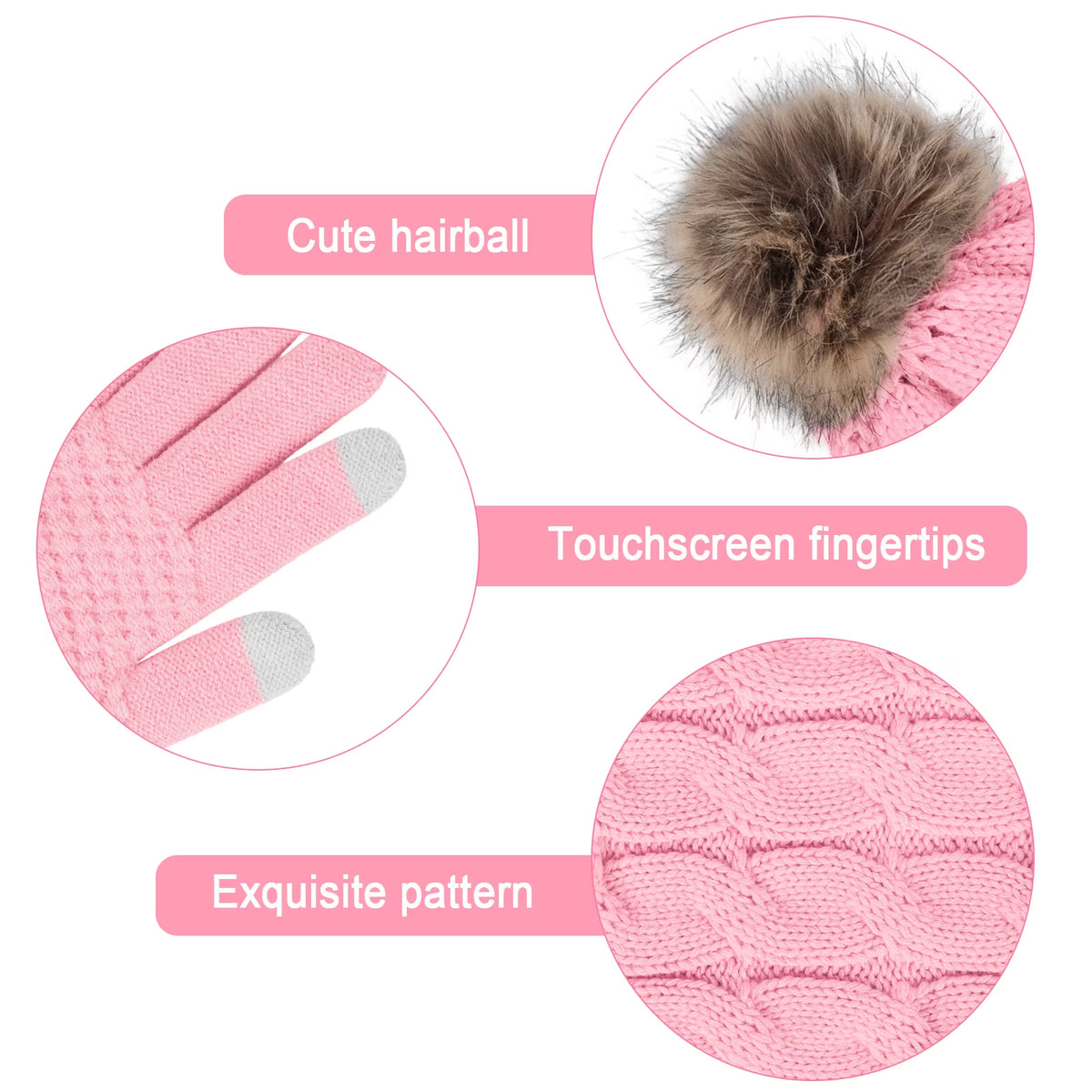 3 Pcs Women Winter Hat and Gloves Sets, Beanies Knit Classic Neck Warmer and Touchscreen Gloves Pink