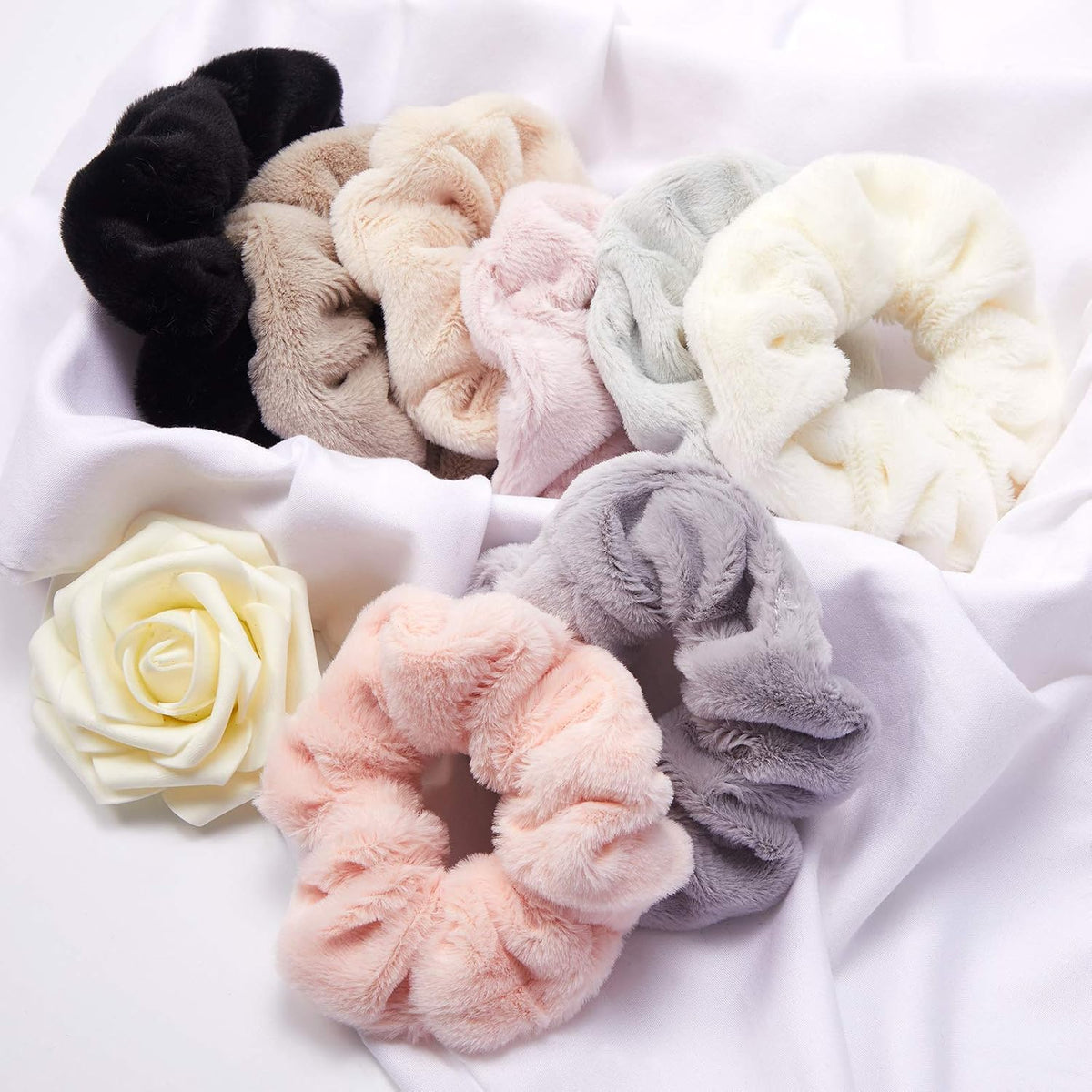 8 Pieces Towel Fluffy Scrunchies Soft Thick Fuzzy Scrunchy Ponytail Holder Hair Ties for Wet and Dry Hair