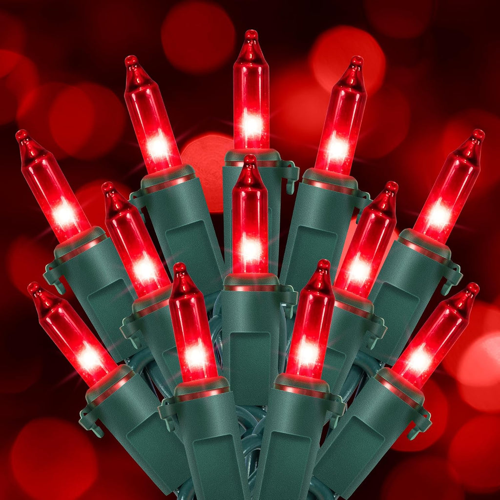 Red Christmas String Lights,2 Pack Total 100 Count 26 Ft,Green Wire