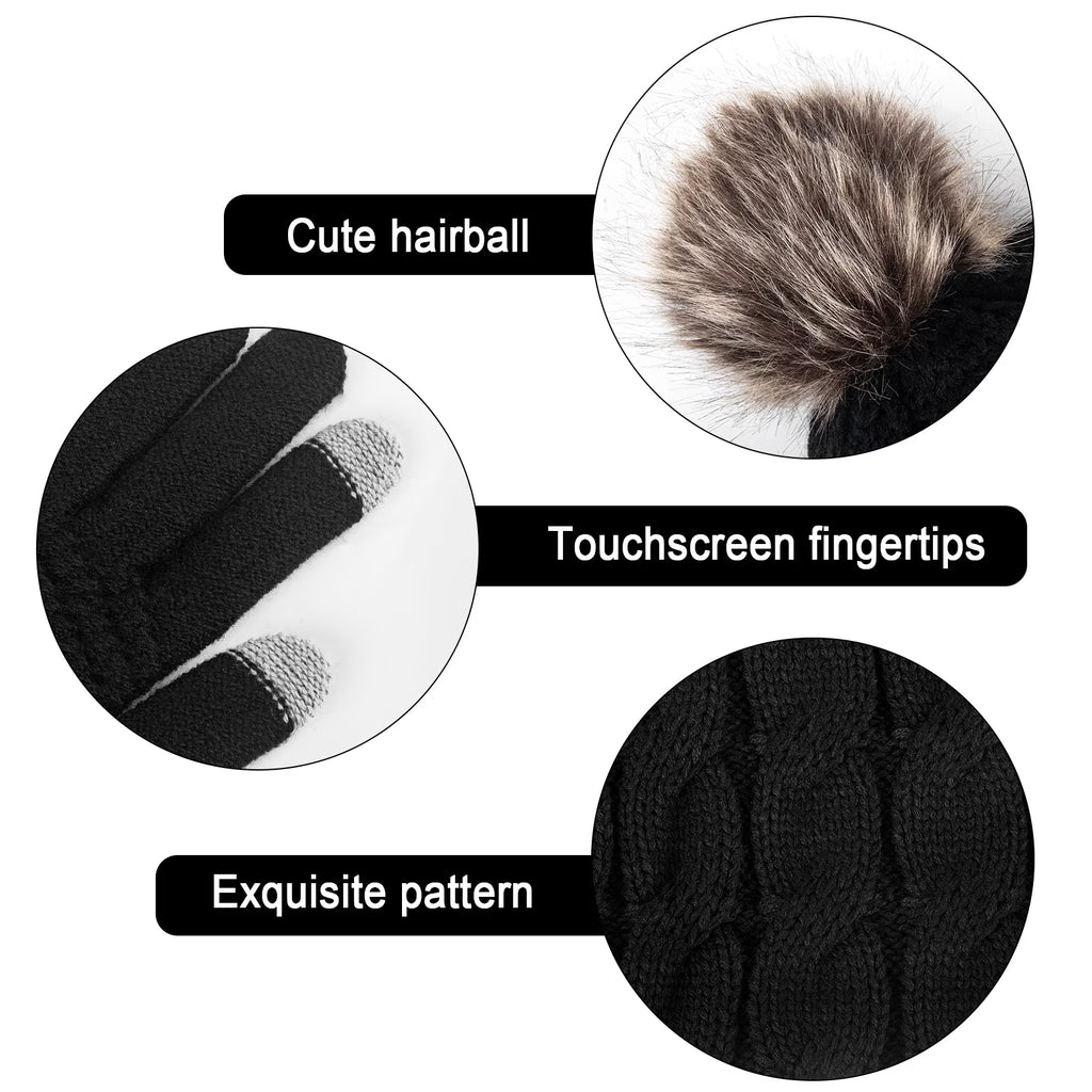 3 Pcs Women Winter Hat and Gloves Sets, Beanies Knit Classic Neck Warmer and Touchscreen Gloves Black