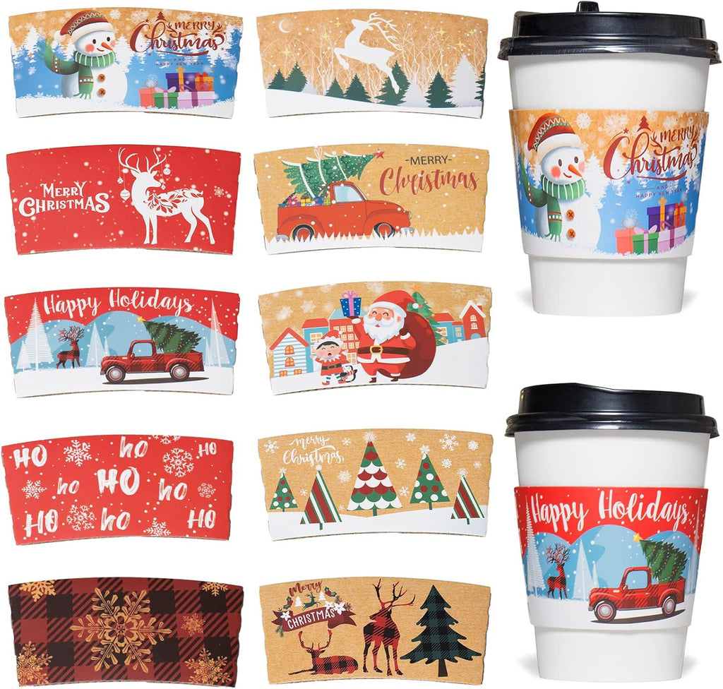 Christmas Coffee Cup Sleeves Disposable Hot Chocolate Cocoa Paper Cup Sleeve 60 Pack Double-Layer Corrugated Insulated Paper Jacket for 12Oz to 20Oz, 10 Designs