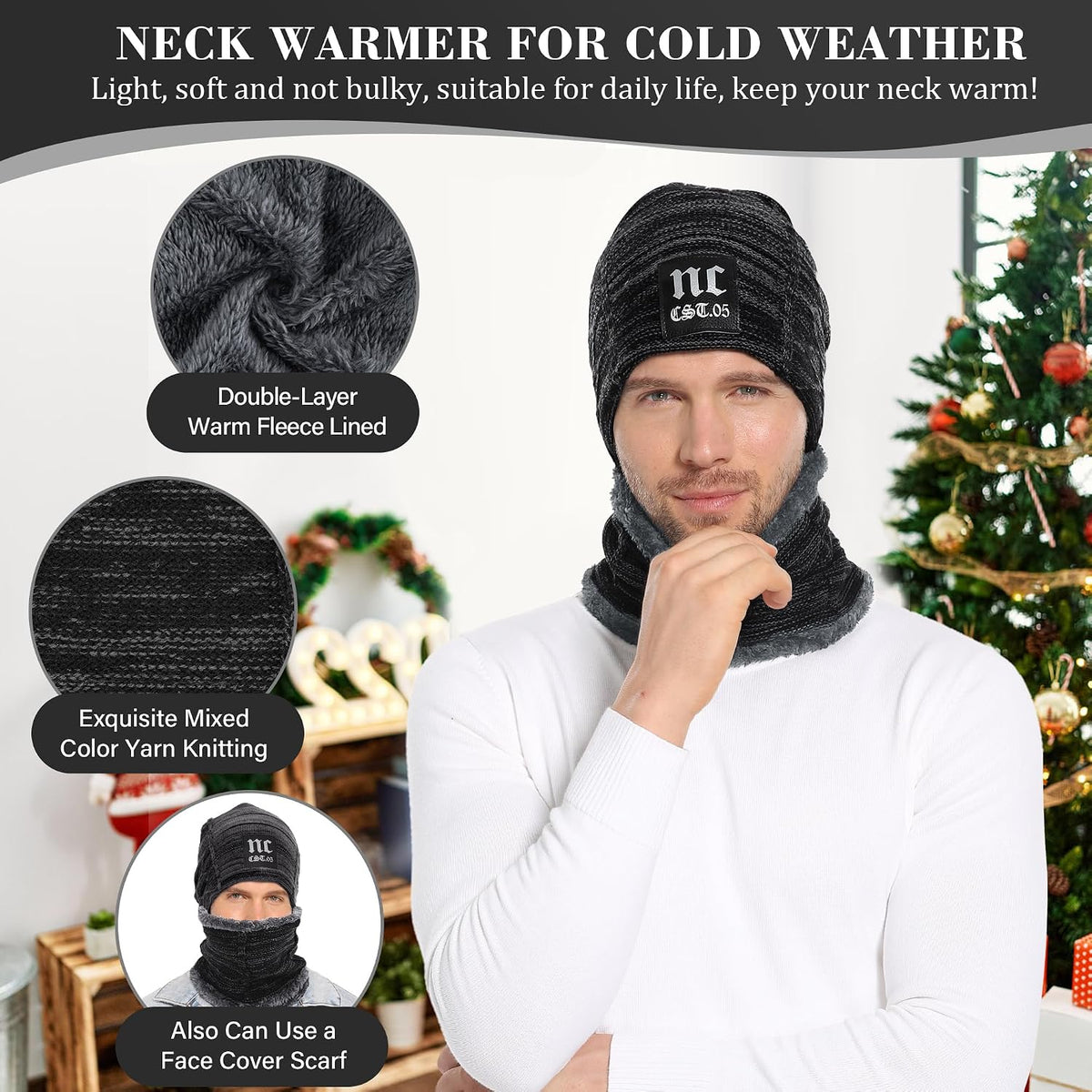 Mens Womens Winter Beanie Hats Warm Neck Warmer Scarf Set