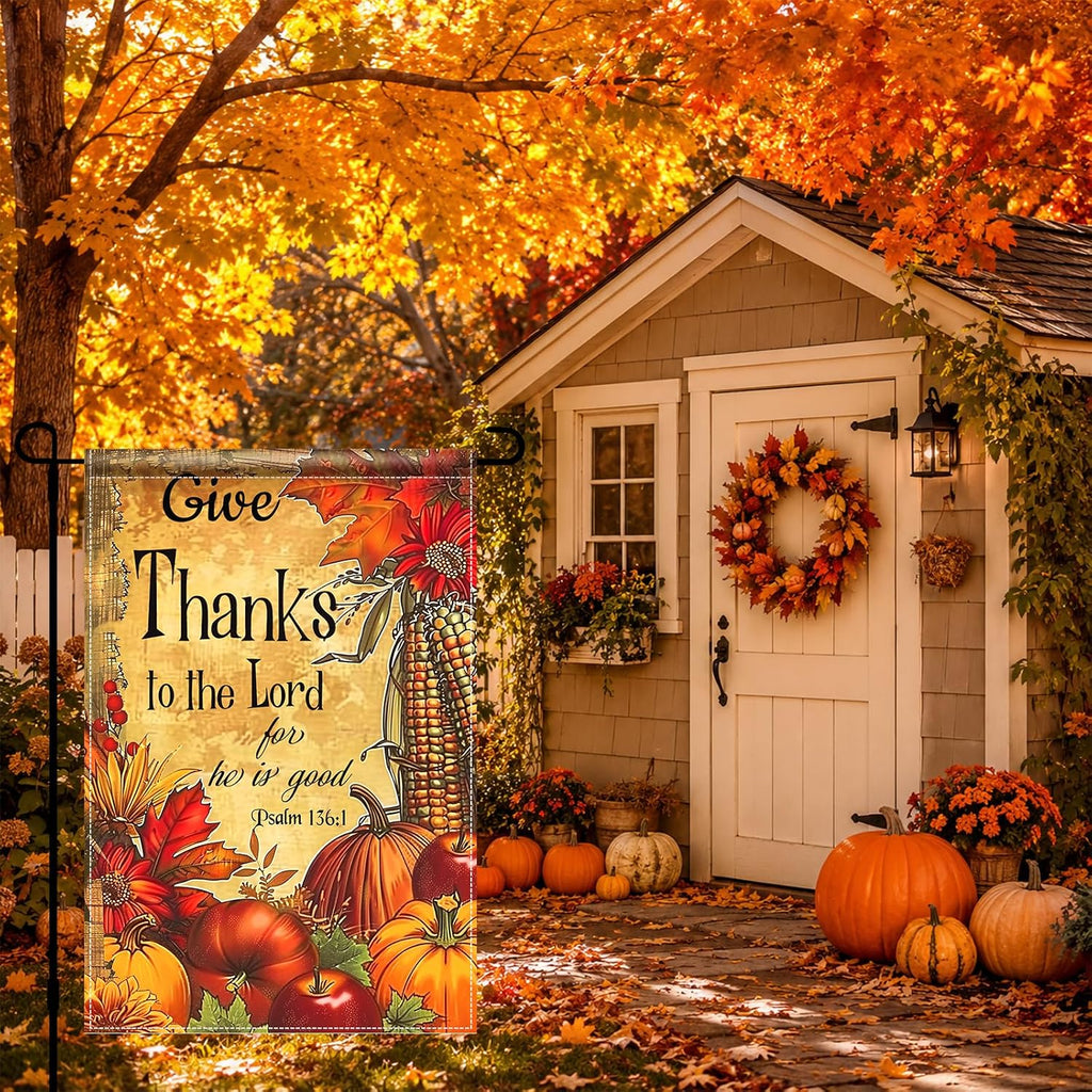Thanksgiving Garden Flag Give Thanks Pumpkin Harvest 12X18 Inch