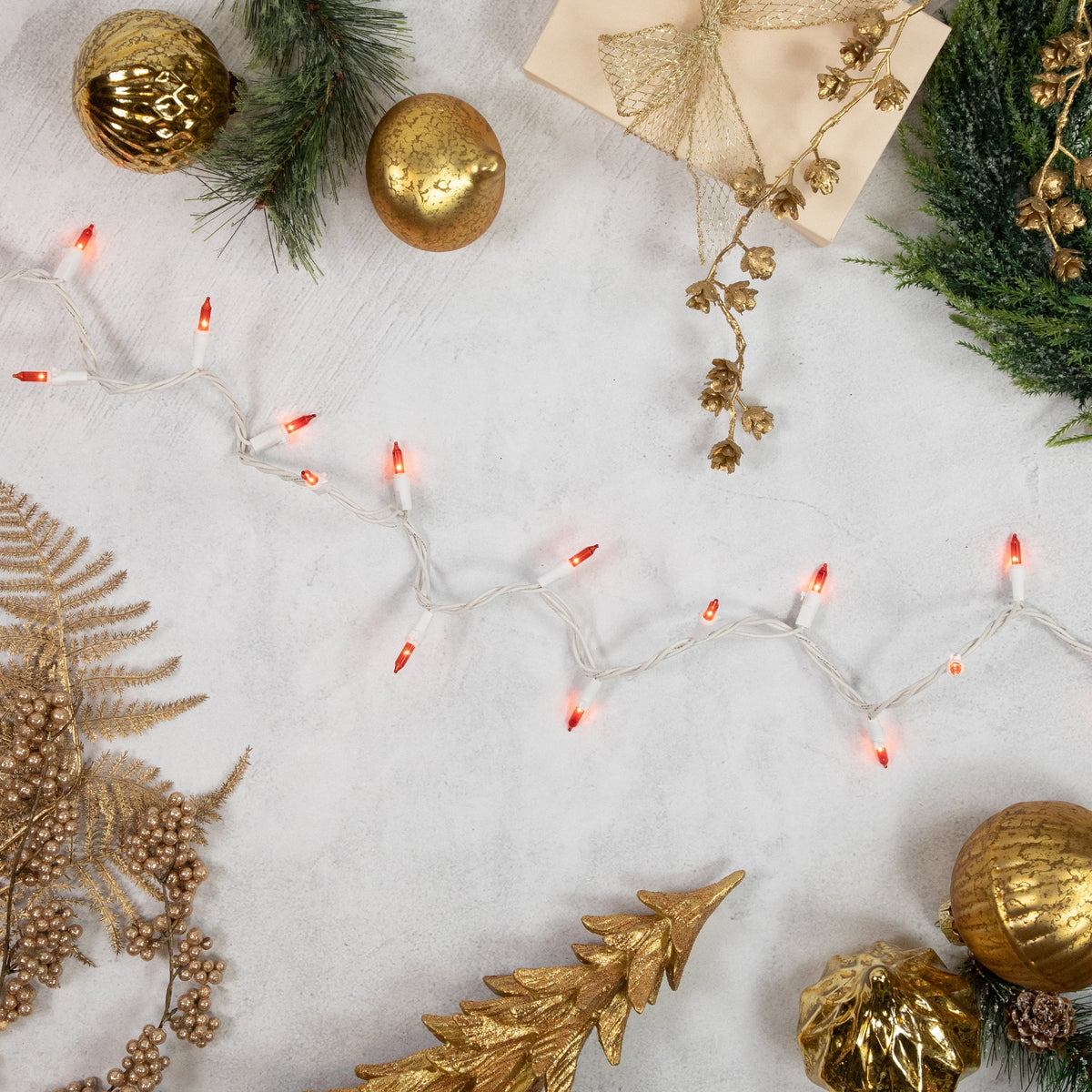 Mini Incandescent Christmas Lights, Orange, 100 Count, White Wire