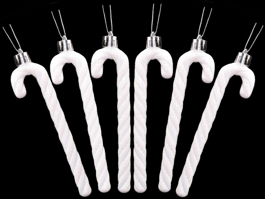 Glitter Candy Cane Ornaments, White, Pack of 6