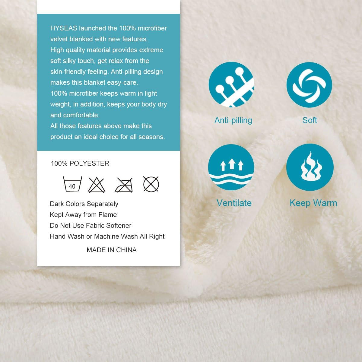 Flannel Fleece Throw Blanket, 50×60, Ivory – view 5