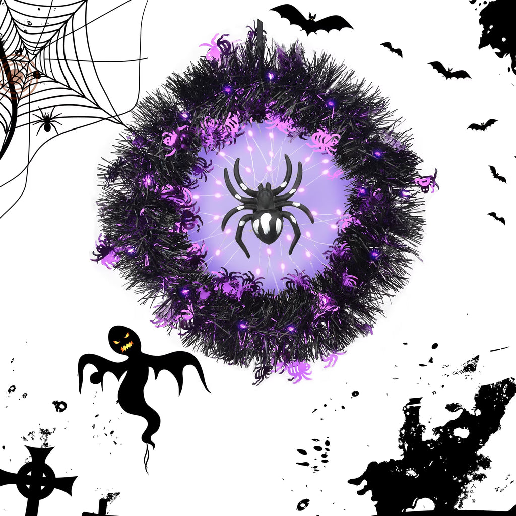 Halloween Wreath Halloween Spider Decorations Wreath with Lights, Halloween Spider Garland LED Halloween Door Wreath for Halloween Party, Halloween Decorations Outdoor Indoor Wall and Window