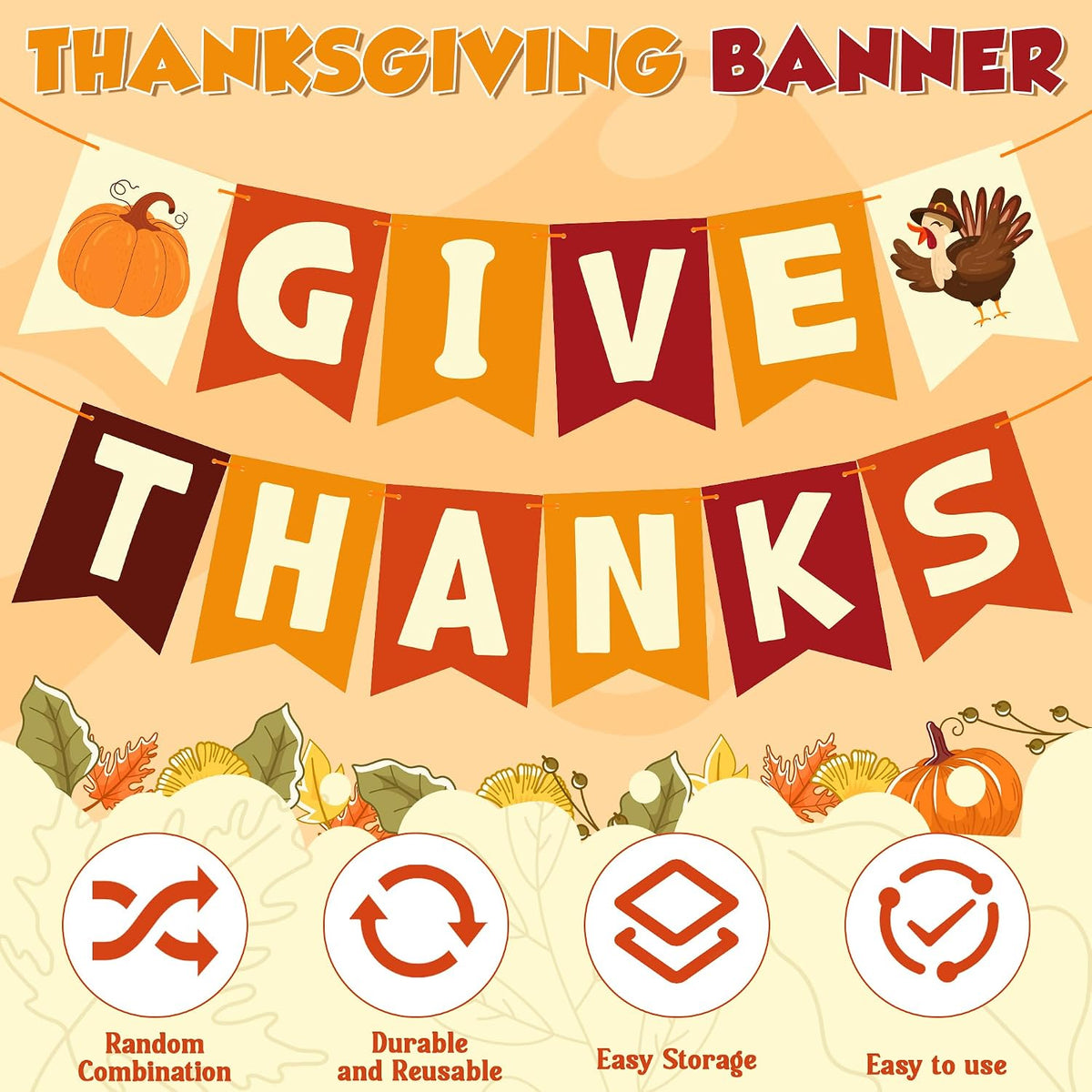 Thanksgiving Decorations - GIVE THANKS Banner | Friendsgiving Party Decorations for Indoor Outdoor outside - Thanksgiving Garland for Front Door | THANKSGIVING Backdrop Wreath for Window Wall