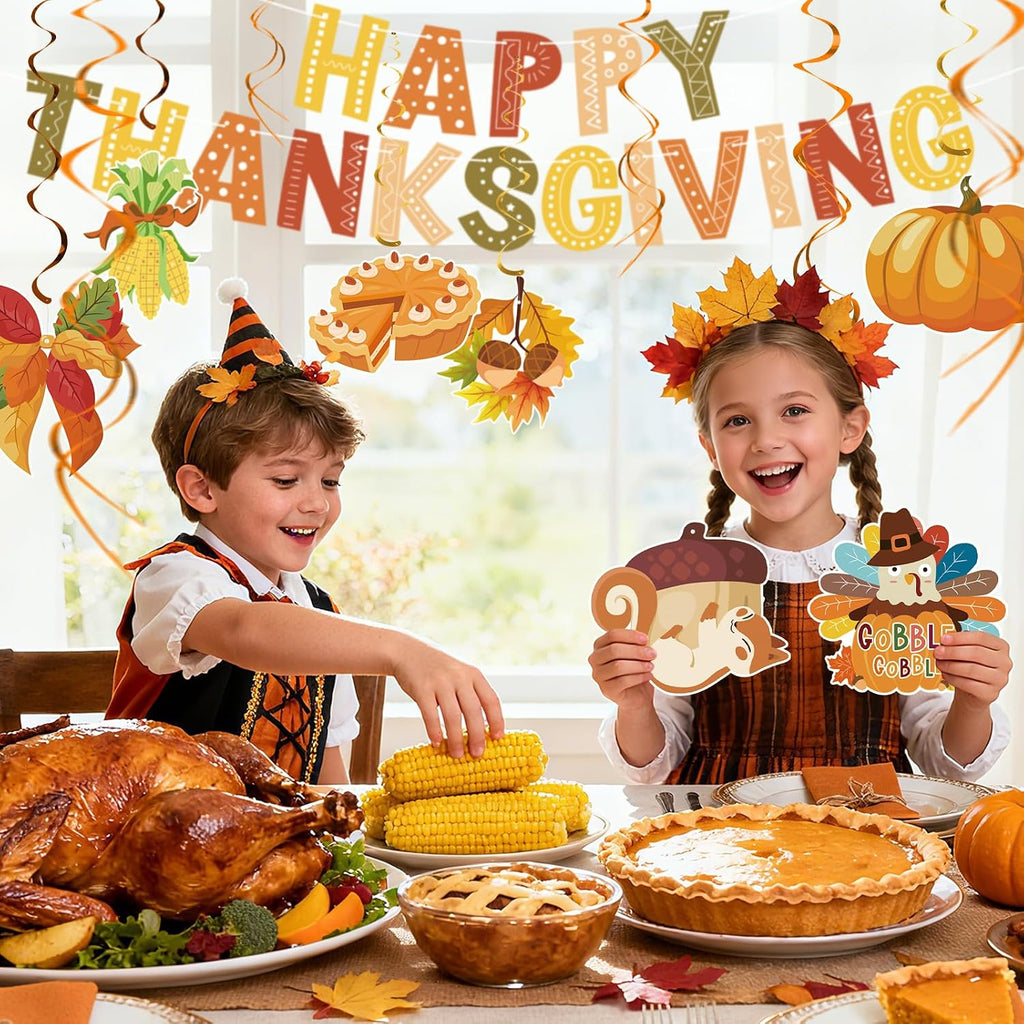 Thanksgiving Decor Set: Thanksgiving Banner & Hanging Swirls - for Home, Office, Classroom Indoor Fall Party Decorations