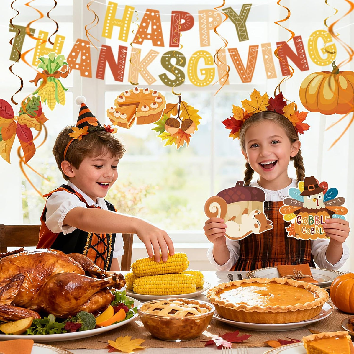 Thanksgiving Decor Set: Thanksgiving Banner & Hanging Swirls - for Home, Office, Classroom Indoor Fall Party Decorations