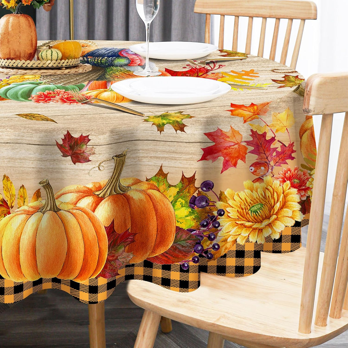 Thanksgiving Tablecloth, Thanksgiving Turkey Table Cloth Rectangle 60 X 120, Pumpkins with Fall Leaves Tablecloths Rustic Holiday Table Cover Thanksgiving Decorations for Dining Room Kitchen Outdoor
