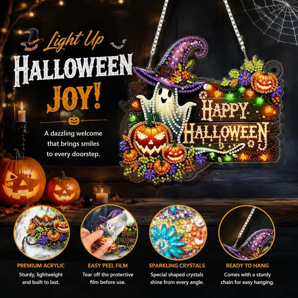 9.8In Shiny Acrylic Safe Diamond Art Hanging Suncatcher Kit - Witch, Black Cat, Ghost Reading, Pumpkin Designs - DIY Rhinestone Ornament, Wall, Outdoor Indoor Decorative, Cute Halloween Stuff, Ghost Decor Gift for Kids