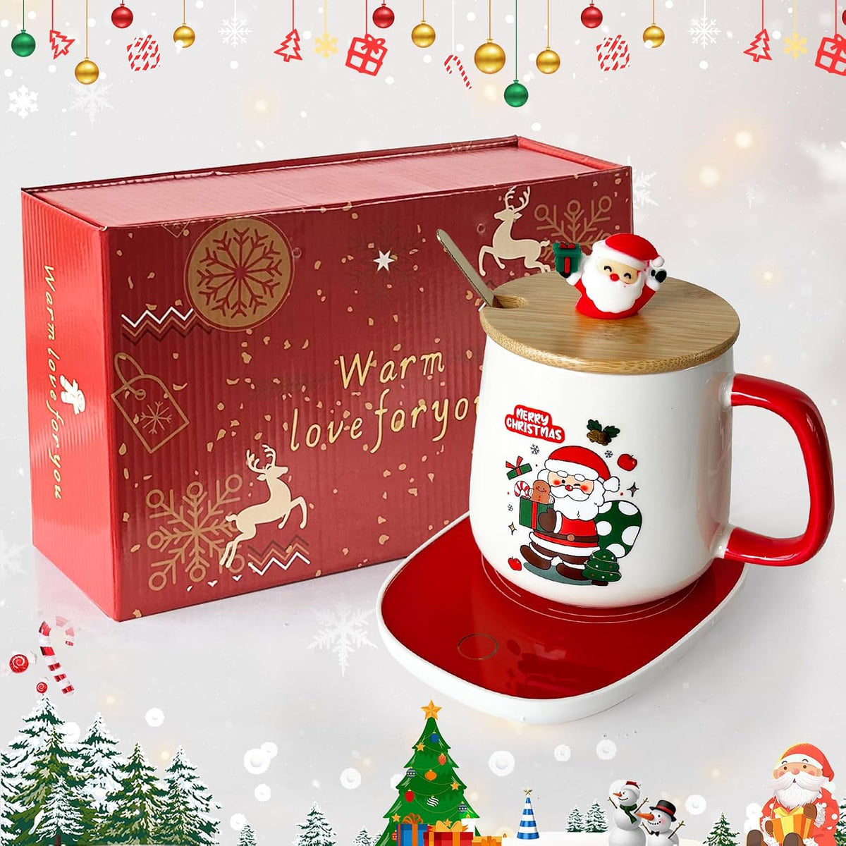 Christmas Coffee Warmer with Mug Set, Coffee Cup Warmer Coffee Mug Warmer with Auto Shut off for Desk Home Office, Coffee Gifts Xmas Gifts for Coffee Lovers Mom Her Wife Girlfriend Daughter