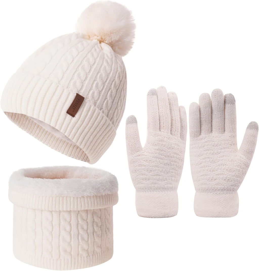 3Pcs Winter Women Beanie Hat Scarf and Touch Screen Gloves Sets Girls Classic Knit Warm Chunky Fleece Lined Cable Cap
