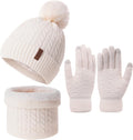 3Pcs Winter Women Beanie Hat Scarf and Touch Screen Gloves Sets Girls Classic Knit Warm Chunky Fleece Lined Cable Cap