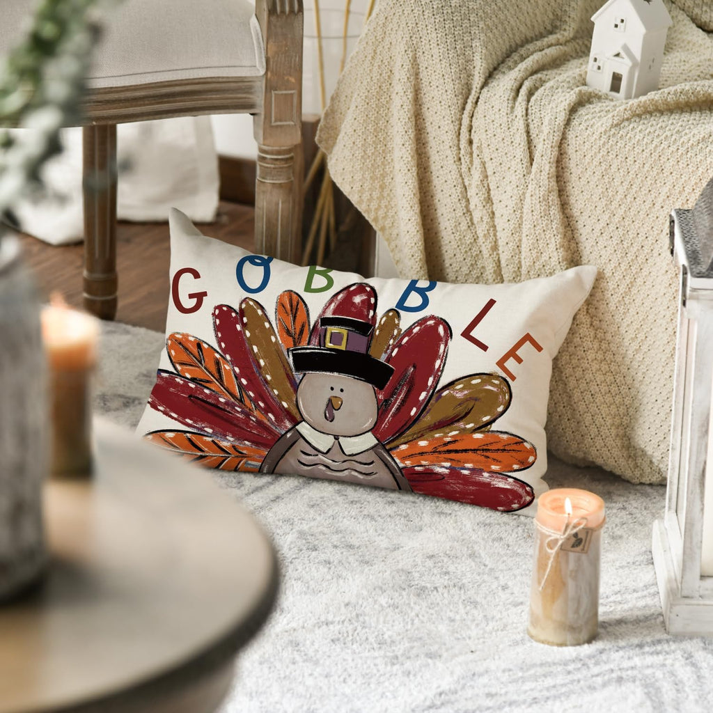 Gobble Turkey Thanksgiving Throw Pillow Cover, 12 X 20 Inch Thanksgiving Cushion Case for Sofa Couch